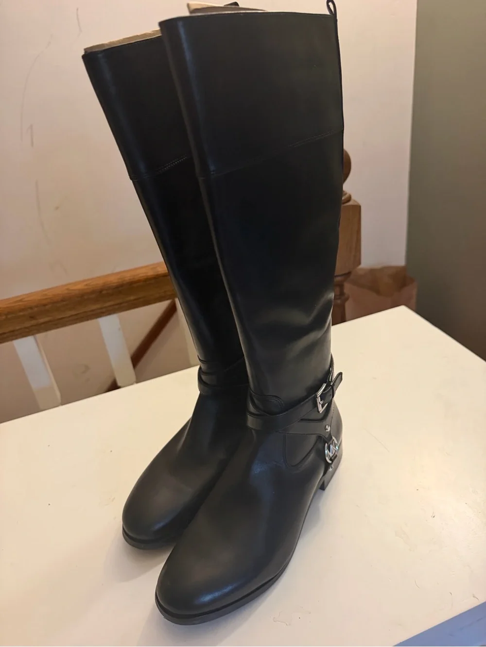 Michael Kors Black Knee-High Leather Boots with MK Charm